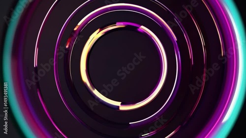 Glowing neon circles rotate smoothly, creating a mesmerizing visual effect against a dark backdrop