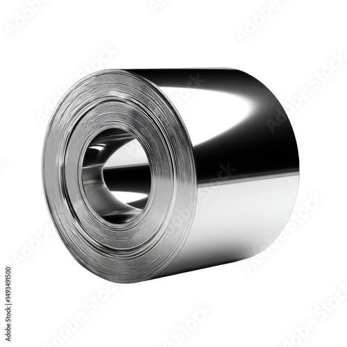 Close-up of a shiny metallic roll of aluminum foil reflecting light with a detailed viewed surface isolated on a white background photo