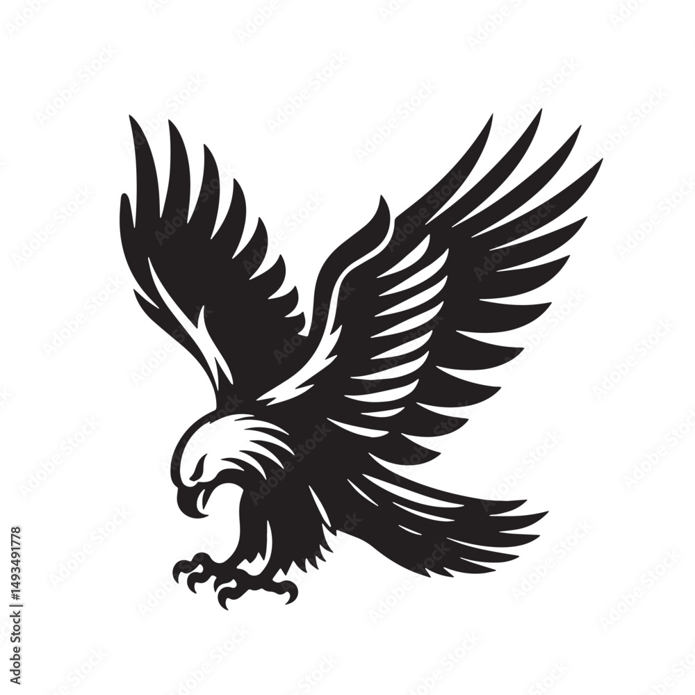 Fototapeta premium Black Color Eagle Silhouette Vector Illustration, Solid White Background. minimal vector design