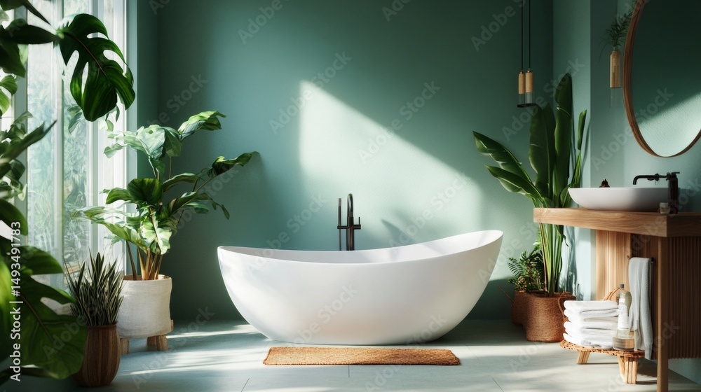 Fototapeta premium Modern bathroom with indoor plants and white tub illuminated by soft daylight interior wellness decor