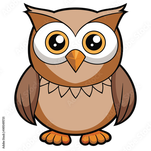 Adorable cartoon owl with big yellow eyes stands confidently looking forward with curiousity