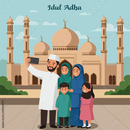 Muslim family taking a selfie in front of a mosque during Idul Adha celebration