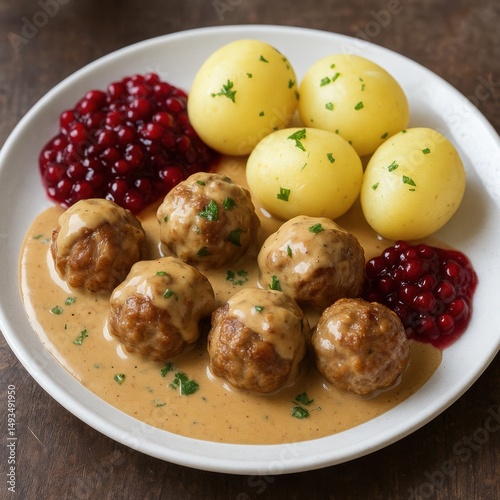 Delicious Swedish Meatballs with Creamy Sauce, Boiled Potatoes, and Lingonberry Jam