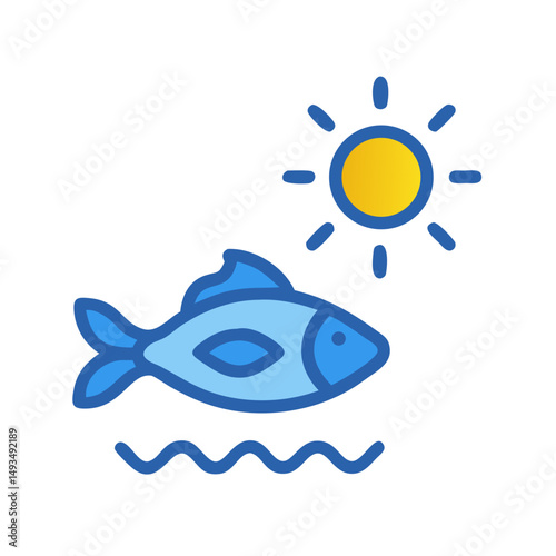 Cartoon fish in water under bright sun graphic