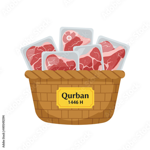 Qurban 1446 H Freshly Packaged Meat Cuts in a Woven Basket for Eid alAdha