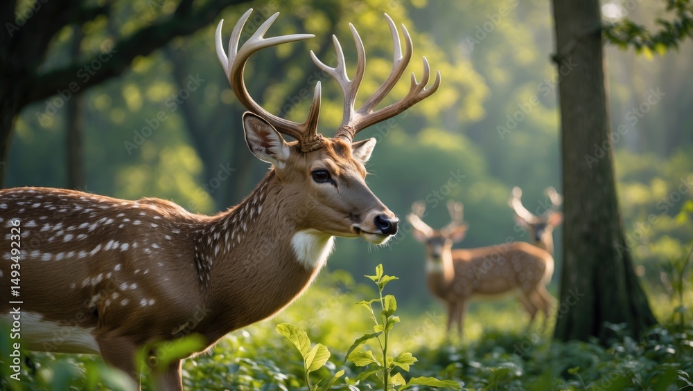 Naklejka premium This deer develops during mating season, resides in groups, and prefers plant-based food.
