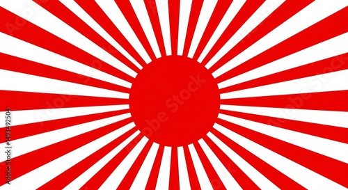 Graphic depiction of radiant red sun with white rays, creates bold and energetic visual effect