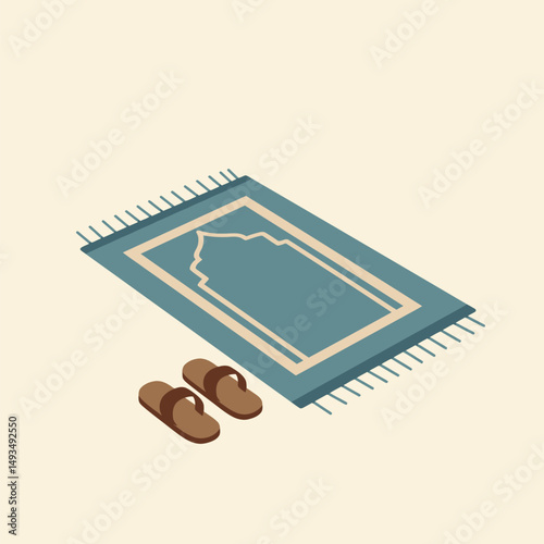 Simple Islamic Prayer Rug with Tassels and Brown Sandals Illustration
