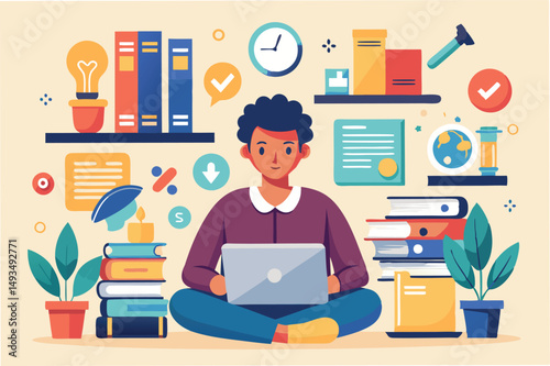 Vector illustration of a smiling man working on a laptop in an organized workspace surrounded by books and plants