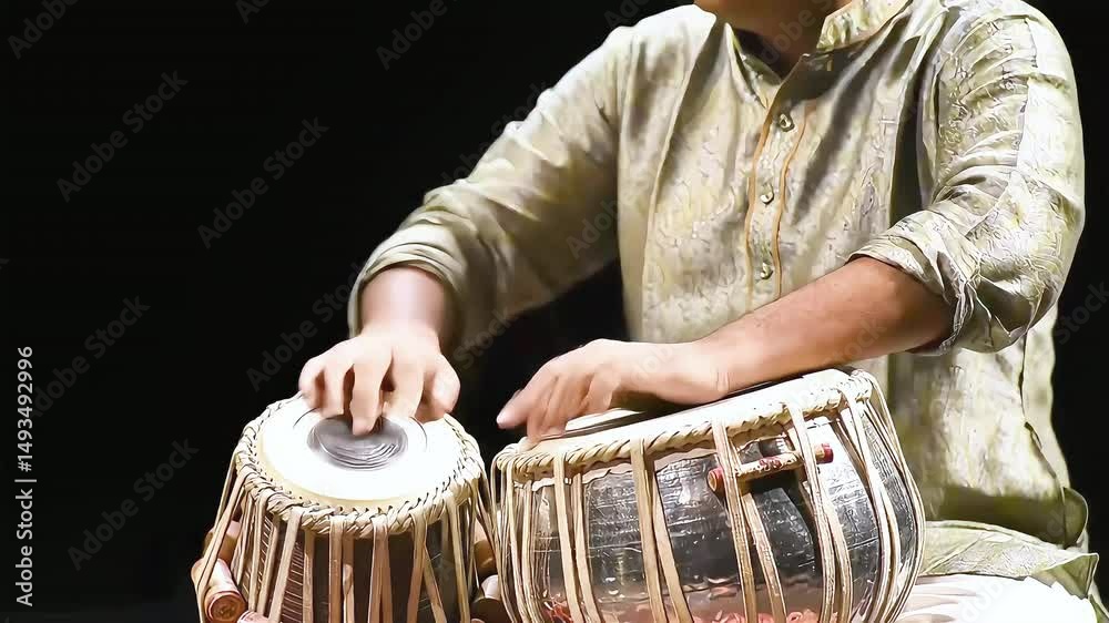 Hands of a skilled tabla player. Fingers move with speed and precision. Shows smooth wrist movements. World music day.