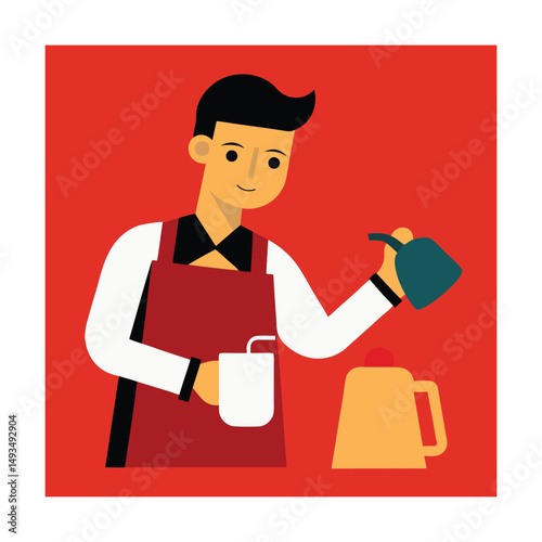 Vector illustration of a smiling barista preparing coffee with a charming and stylish approach