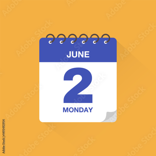 Day calendar with date June 2. Calendar icon vector. Event calendar reminder, business meeting schedule date sign, deadline template, appointment date symbol, page calendar agenda planner sign.