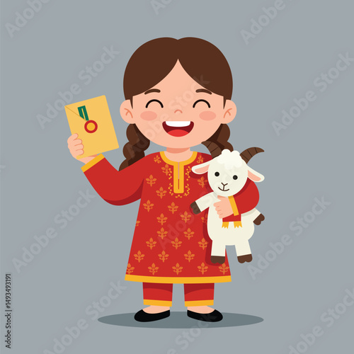 Smiling girl in traditional dress holding a letter and a goat plush toy
