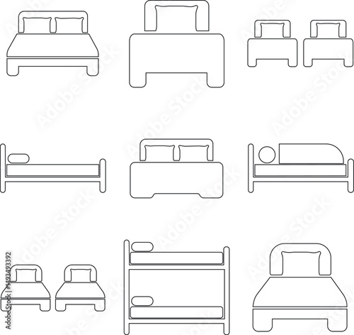Bed icon, logo isolated on white background. Single and double bed. Hostel, hotel, hotel stock illustration Bed - Furniture, Icon Symbol, Hotel, Bedroom, Symbol Multi Series Sleeping Icon