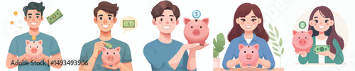 vector young man holding piggy bank