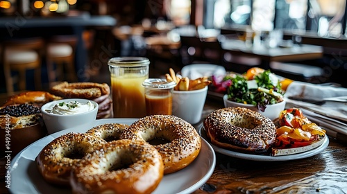 Bagels, Coffee, and Juice – Cozy Café Breakfast Table by the Window

 photo