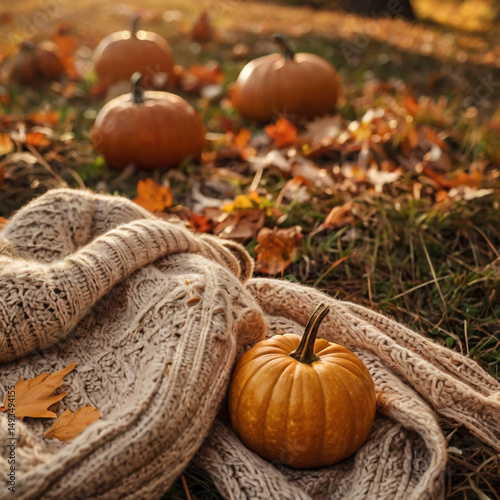 Autumn cozy scene pumpkins sweater leaves