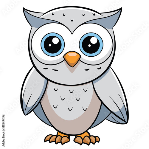 Animated owl with big blue eyes stands looking forward on white background