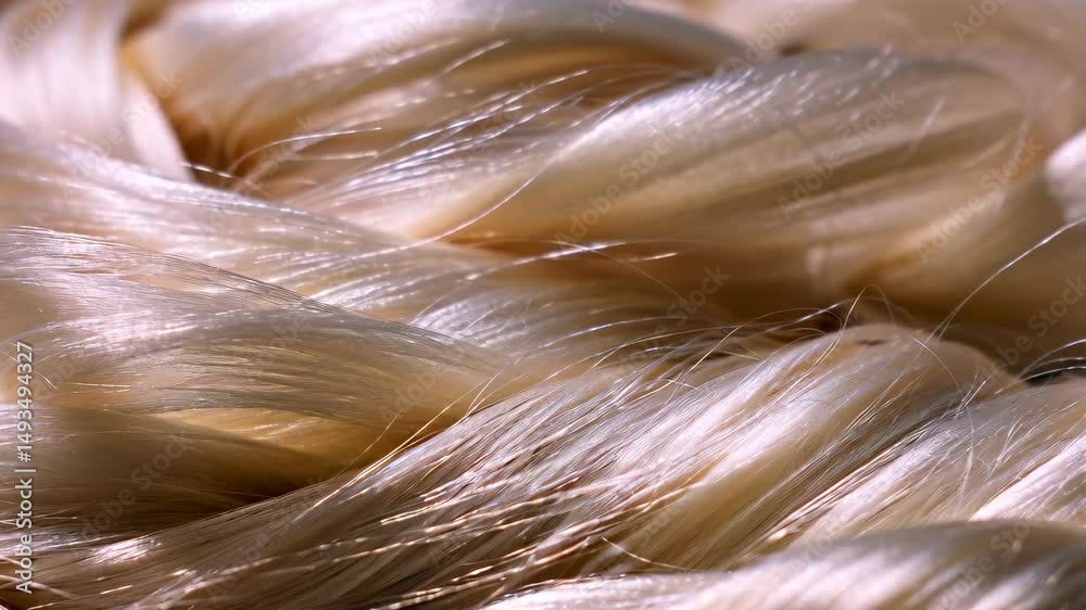 Macro detail of smooth, bundled, cream colored yarns, showing the fiber texture in soft light, useful for backgrounds.
