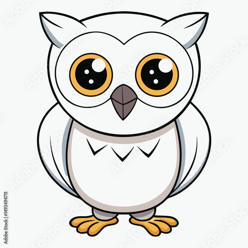Adorable white cartoon owl with large orange eyes stares directly forward attentively