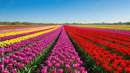 Wallpaper Mural Striking rows of vibrant tulips in a vast field under a clear blue sky showcase a stunning display of spring colors. Torontodigital.ca