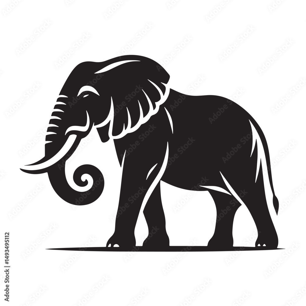 Obraz premium Black Color Elephant Silhouette Vector Illustration, Solid White Background. minimal vector design