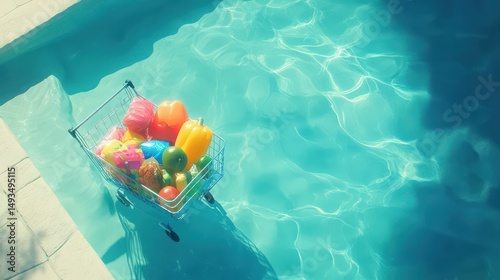 Colorful plastic fruits and vegetables in a shopping cart floating in a bright blue pool