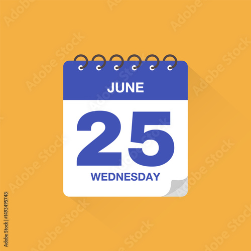 Day calendar with date June 25. Calendar icon vector. Event calendar reminder, business meeting schedule date sign, deadline template, appointment date symbol, page calendar agenda planner sign.