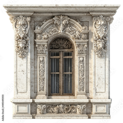 Intricately Carved Historic Window Frame with Ornate Architectural Details in Stucco and Stone on Elegant Building Facade