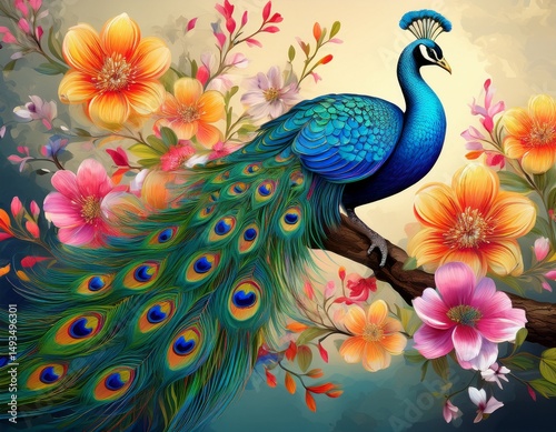 peacock on branch with colorful flowers 3d wallpaper mural background digital art