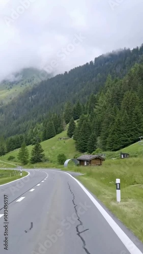 Vertical view of Switzerland road from car