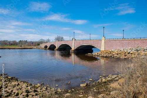 Berkley Bridge across on Taunton River between town of Berkley and Dighton, Massachusetts MA, USA.  photo