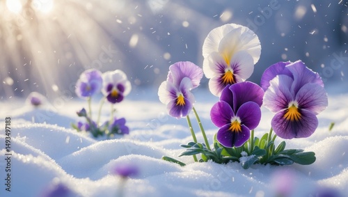 Colorful pansy blossoms with horns during springtime in snowy garden