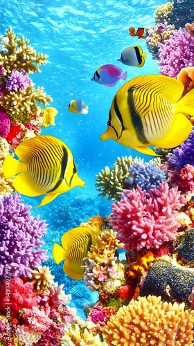 Vibrant coral reef teeming with colorful fish photo