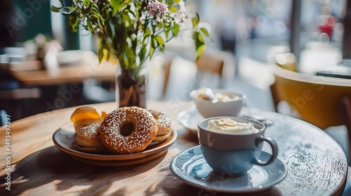Bagels, Coffee, and Juice – Cozy Café Breakfast Table by the Window

 photo