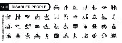 Disabled people flat icon set. Vector illustration.