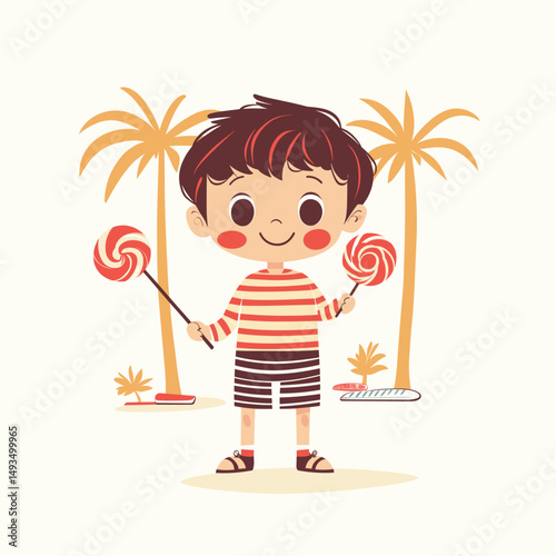 Cute boy holding a lollipop on a tropical beach