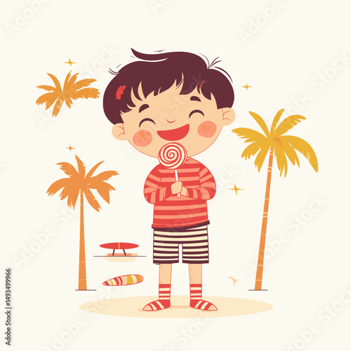 Cute boy holding a lollipop on a tropical beach