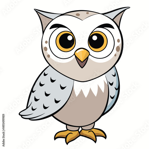 Animated owl with big yellow eyes stands looking forward with a slight smile