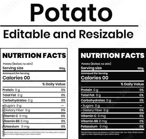 Nutrition Facts of Potato, Nutrition Level, Supplement Fact, Supplement Level Isolated on White and Black Background