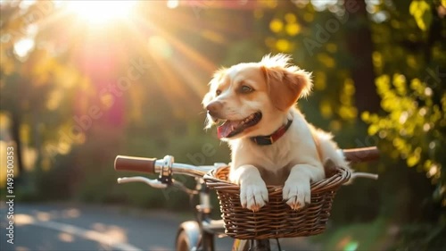 Happy dog sitting in bicycle basket during sunny day in park   photo
