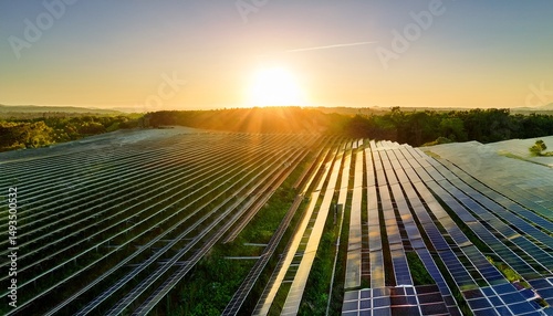 a bright sunrise illuminates a solar panel installation surrounded by lush greenery showcasing sustainable energy in harmony with nature