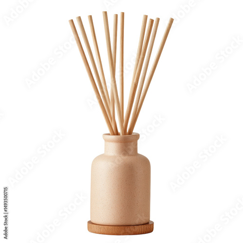 Minimalist beige ceramic diffuser holder with light wooden reed sticks for essential oils aromatherapy home decor and relaxation ambiance