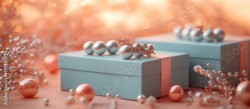 Pale Blue Gift Boxes with Pearls and Rose Gold Accents on Coral Background