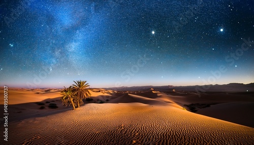fantastic dunes in the desert at night with sparkling stars with an oasis