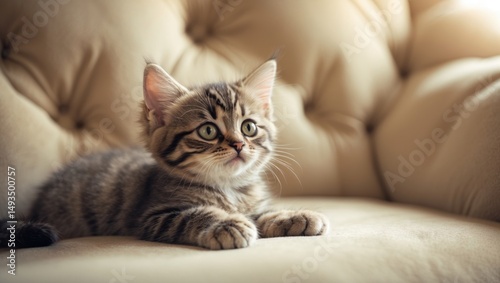 Wallpaper Mural Sweet small tabby kitten located on the couch, soft focus Torontodigital.ca
