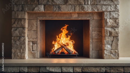 Stone-made fireplace with a fire in the room photo