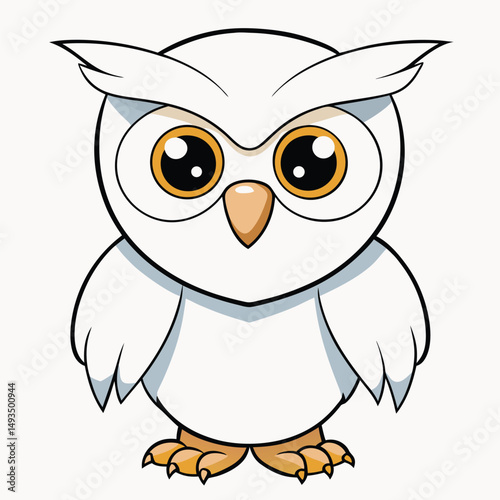 A charming cartoon owl with big amber eyes gazes intently forward peacefully