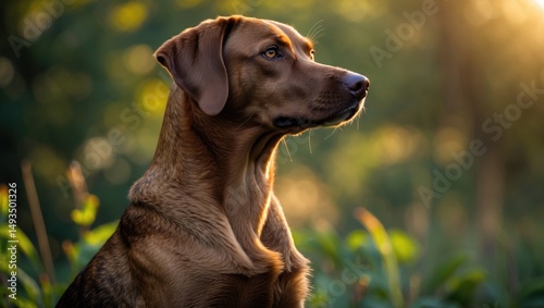 Outdoor side view of a beautiful male hunting dog.