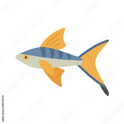 Stylized fish illustration with orange fins and blue stripes